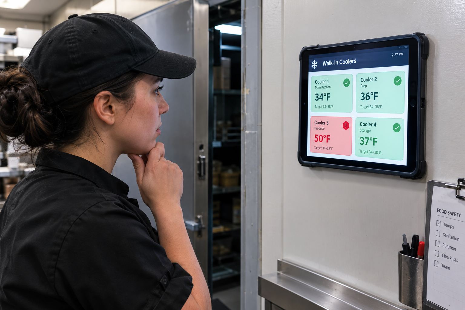 Kitchen staff reviewing walk-in cooler temperatures on a wall-mounted Lark Alert display beside a commercial cooler.